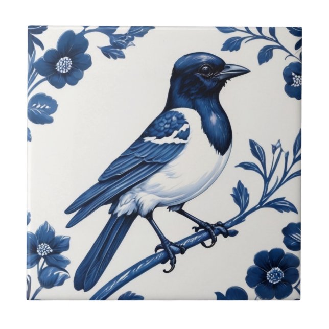 Magpie like Bird Delft Blue and White Floral Ceramic Tile (Front)