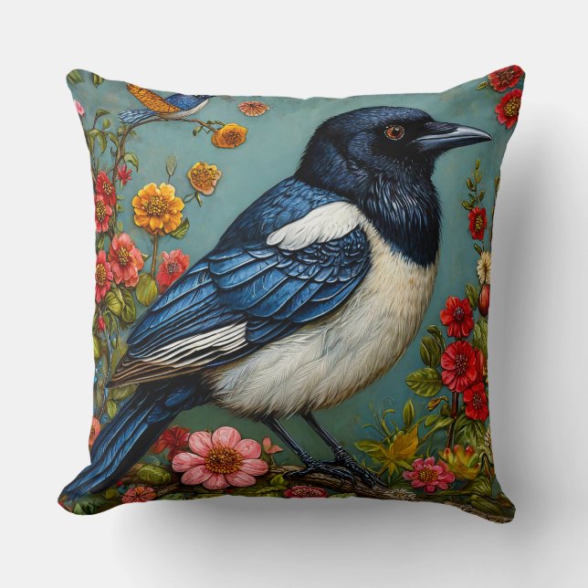 Magpie Perched on Colorful Floral Branch Throw Pillow (Front)