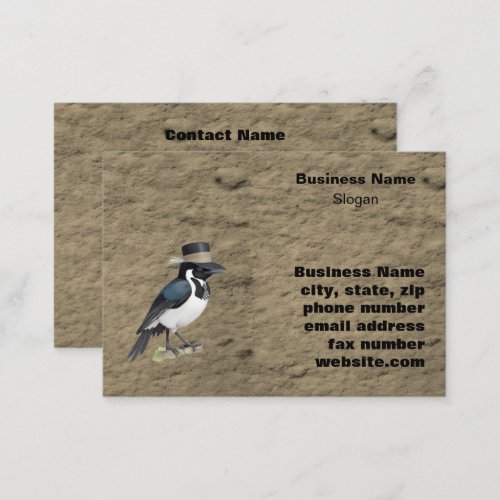 Magpie standing on perch wearing hat business card