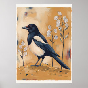Magpie with Silver Dollar Plant Folk Art Poster