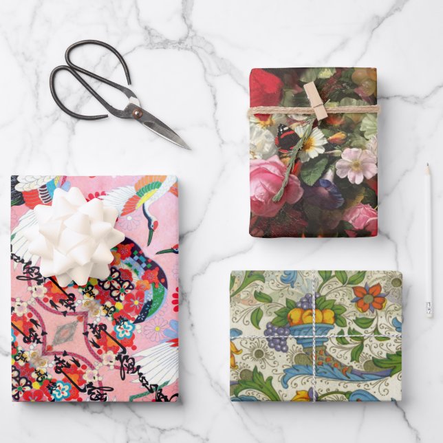 Mah Jongg Egrets, Positano and Fleuresse Wrapping Paper Sheets (Front)