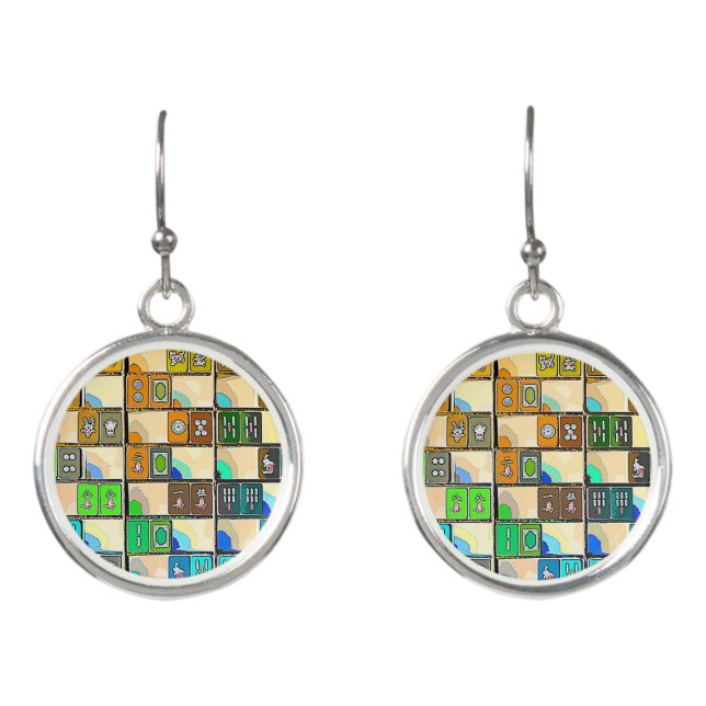 Mah Jongg Green-Orange Tiles Earrings (Front)