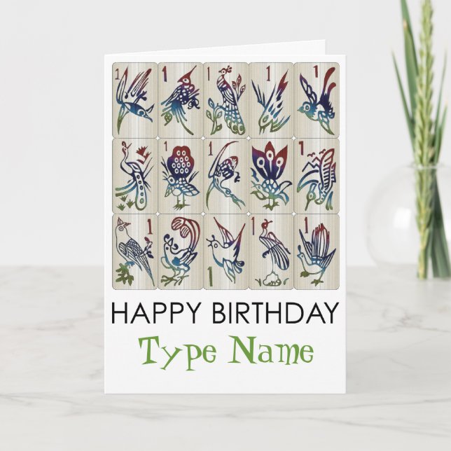 Mah Jongg One Bam Birds Birthday Card (Front)