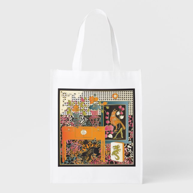 Mah Jongg Orange Table Reusable Grocery Bag (Front)