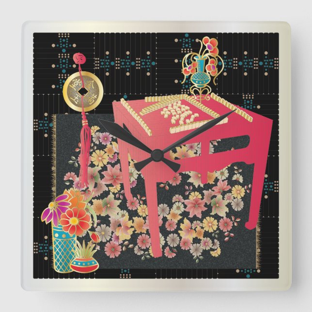 Mah Jongg Red Table Square Wall Clock (Front)