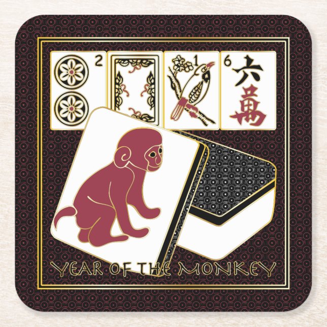Mah Jongg Year of the Monkey Square Paper Coaster (Front)
