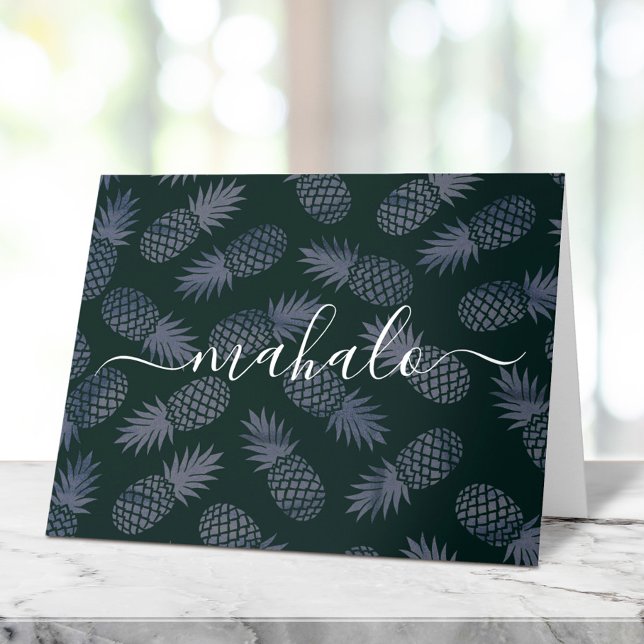 Mahalo navy blue tropical pineapple pattern script letterpress thank you card (Creator Uploaded)