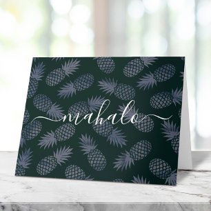 Mahalo navy blue tropical pineapple pattern script thank you card