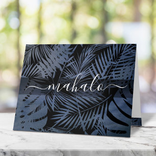Mahalo navy tropical palm leaf calligraphy script letterpress thank you card