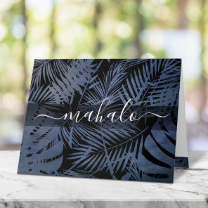 Mahalo navy tropical palm leaf calligraphy script thank you card
