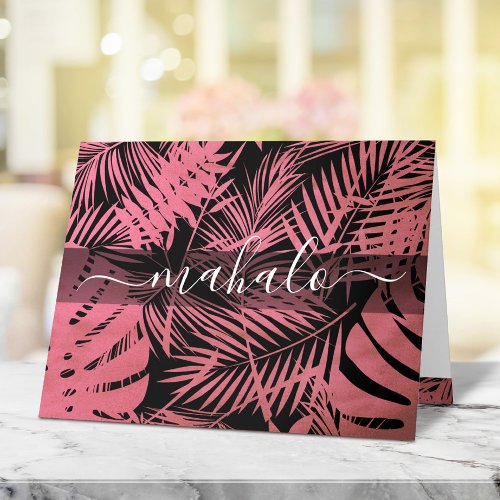 Mahalo pink tropical palm leaf calligraphy script thank you card