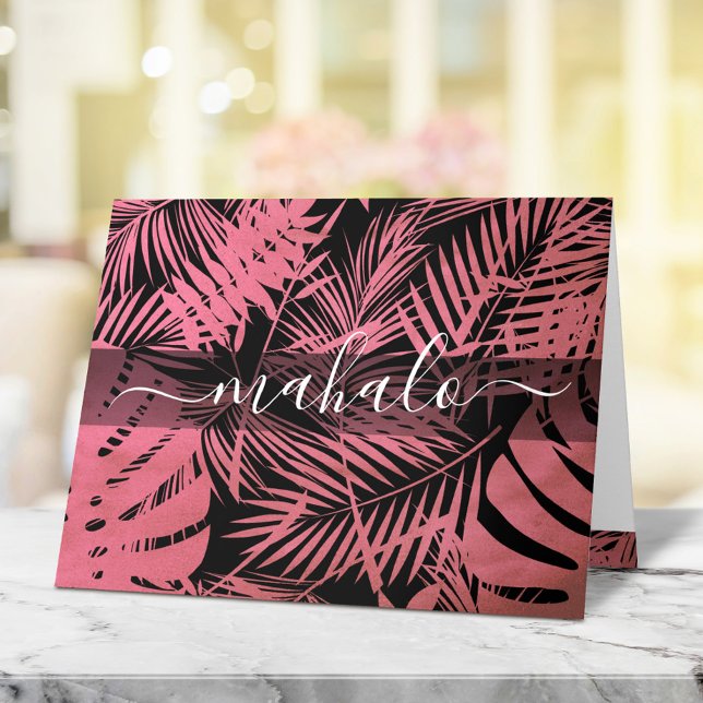 Mahalo pink tropical palm leaf calligraphy script thank you card (Creator Uploaded)