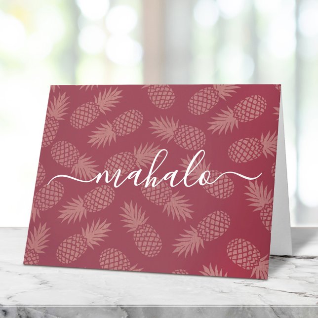 Mahalo rose pink tropical pineapple pattern script letterpress thank you card (Creator Uploaded)