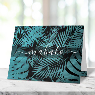 Mahalo teal tropical palm leaf calligraphy script letterpress thank you card