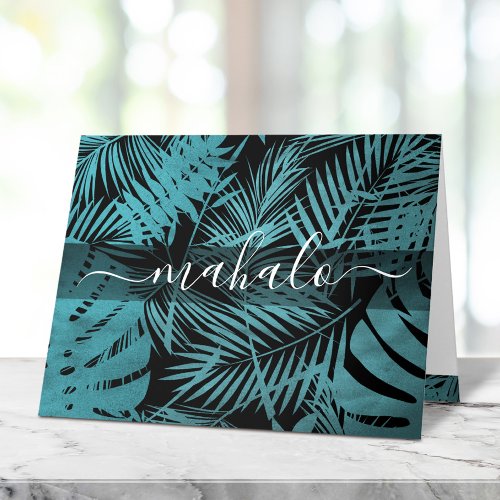 Mahalo teal tropical palm leaf calligraphy script thank you card