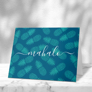Mahalo teal turquoise tropical pineapple script letterpress thank you card