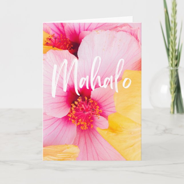 Mahalo Thank you Hawaiian Pink Yellow Hibiscus Card (Front)