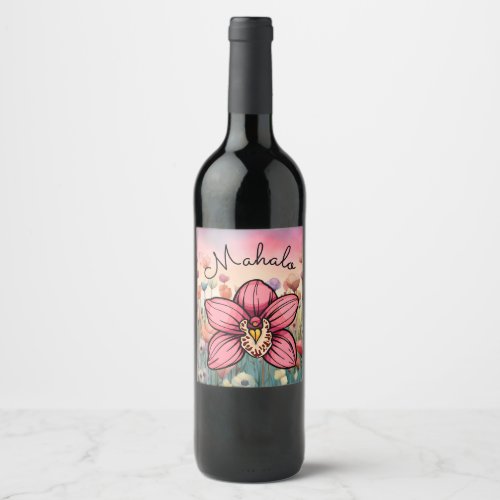 Mahalo Thank You Orchid Flower Wine Label