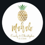 Mahalo Tropical Hawaiian Pineapple Wedding White Classic Round Sticker<br><div class="desc">Mahalo Tropical Hawaiian Pineapple Wedding White Wedding Favor Sticker for a Hawaii Destination Wedding. The name and date can be updated on this sticker.</div>