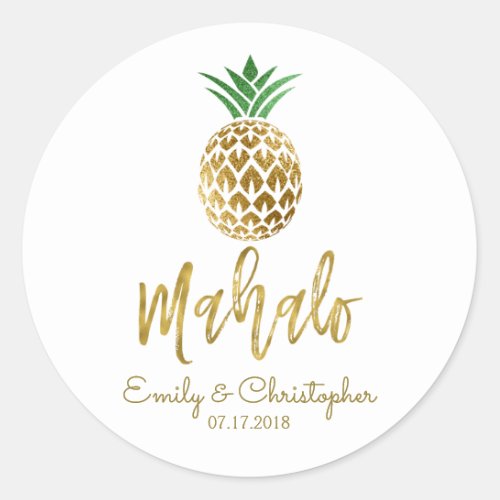 Mahalo Tropical Hawaiian Pineapple Wedding White Classic Round Sticker