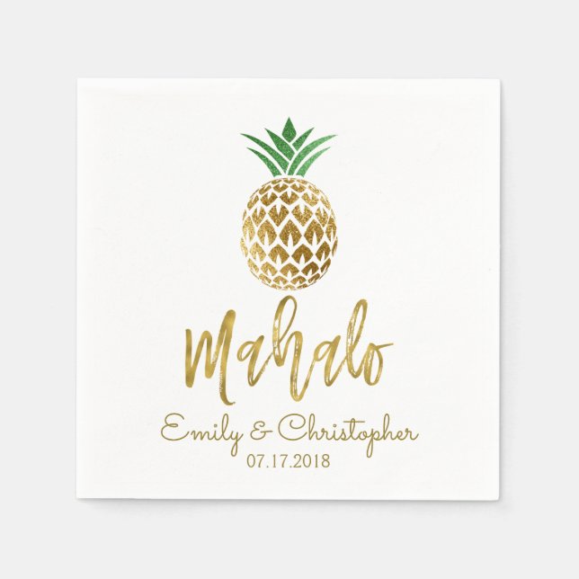 Mahalo Tropical Hawaiian Pineapple Wedding White Paper Napkins (Front)