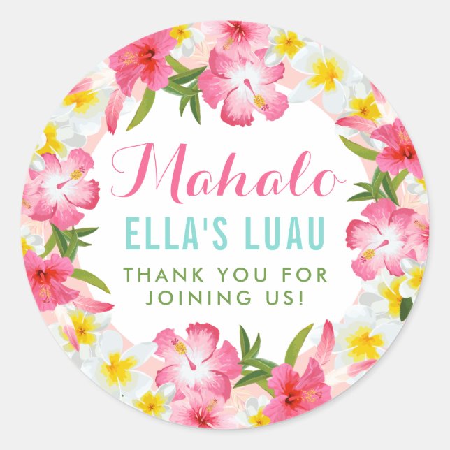 Mahalo Tropical Pink Floral Lei Luau Classic Round Sticker (Front)