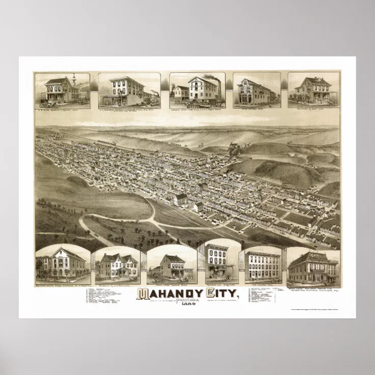 Mahanoy City, PA Panoramic Map 1889 Poster Zazzle
