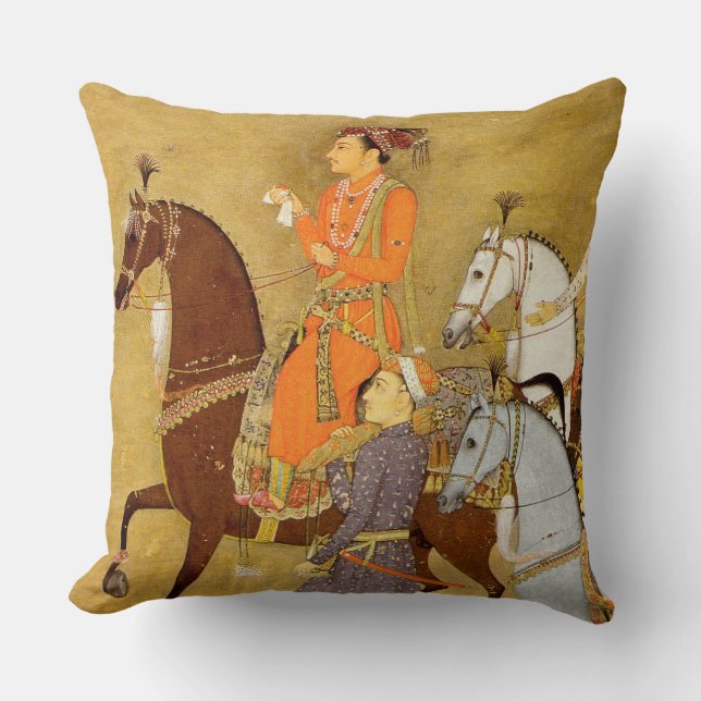 Maharaja on Horseback, Gold Mughal Throw Pillow (Front)