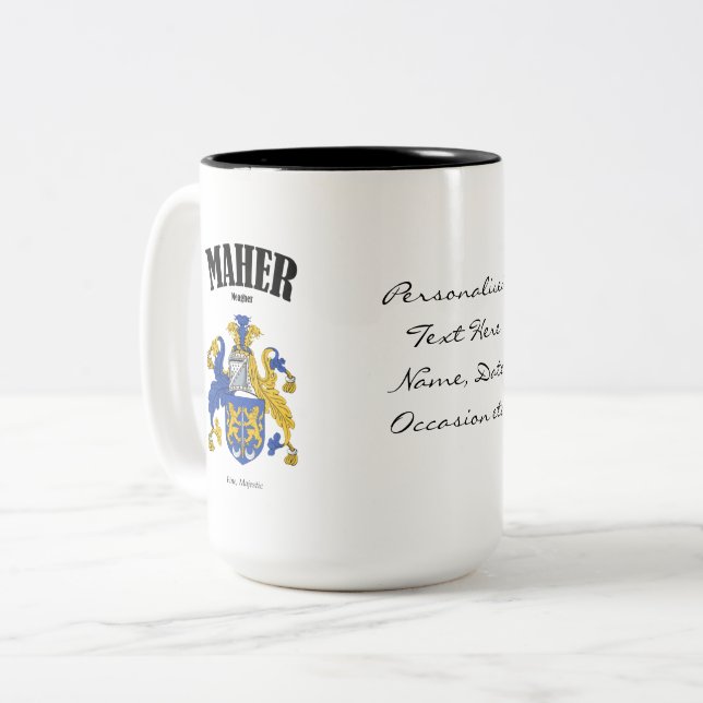 Maher Family Crest, Translation & Meaning Two-Tone Coffee Mug (Front Left)