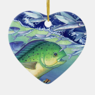 Mahi Mahi (Dolphin Fish) chasing Flying Fish Ceramic Ornament