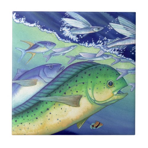 Mahi Mahi Dolphin Fish chasing Flying Fish Ceramic Tile