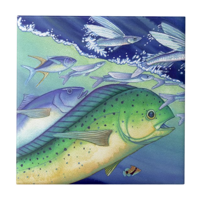 Mahi Mahi (Dolphin Fish) chasing Flying Fish Ceramic Tile (Front)
