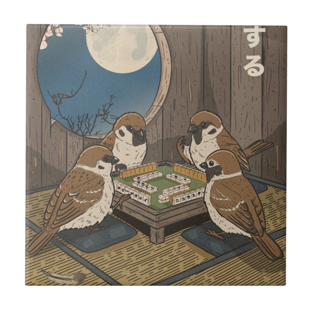 Mahjong birds playing Game  Ceramic Tile (Front)