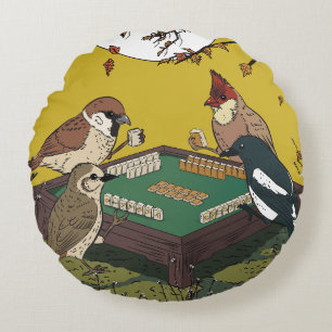 Mahjong birds playing Game  Round Pillow