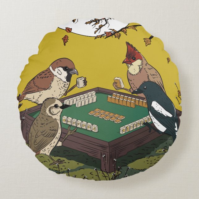 Mahjong birds playing Game  Round Pillow (Front)