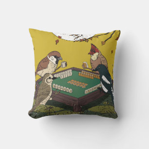 Mahjong birds playing Game  Throw Pillow