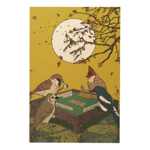 Mahjong birds playing Game Wood Wall Art