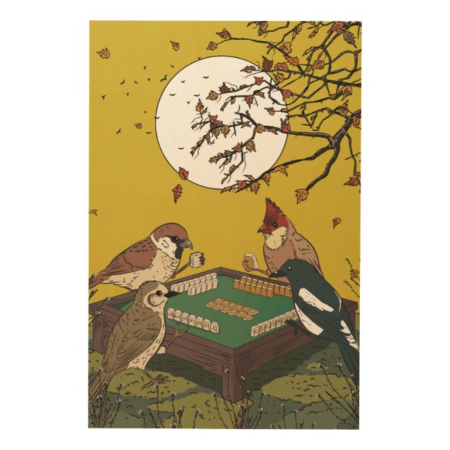 Mahjong birds playing Game  Wood Wall Art (Front)