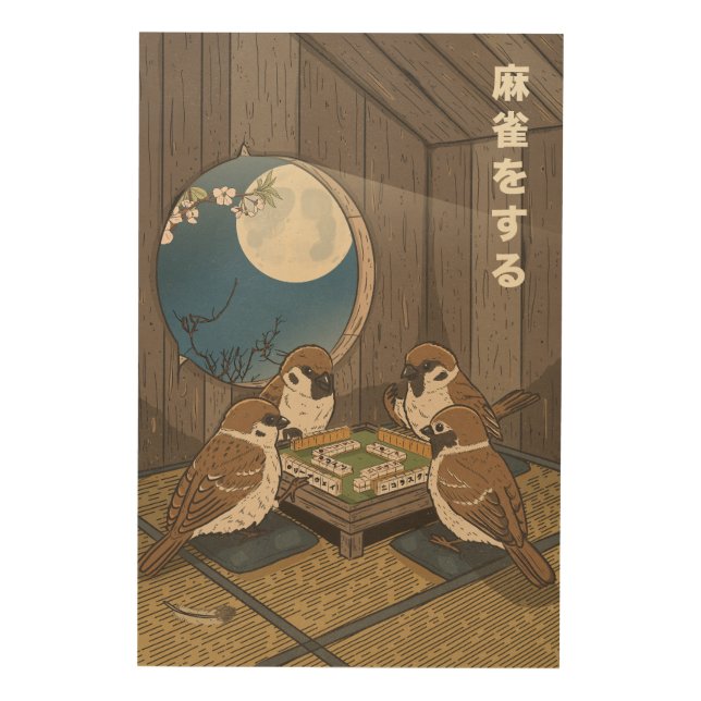 Mahjong birds playing Game  Wood Wall Art (Front)
