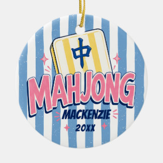 Mahjong Blue Striped Christmas Ceramic Ornament