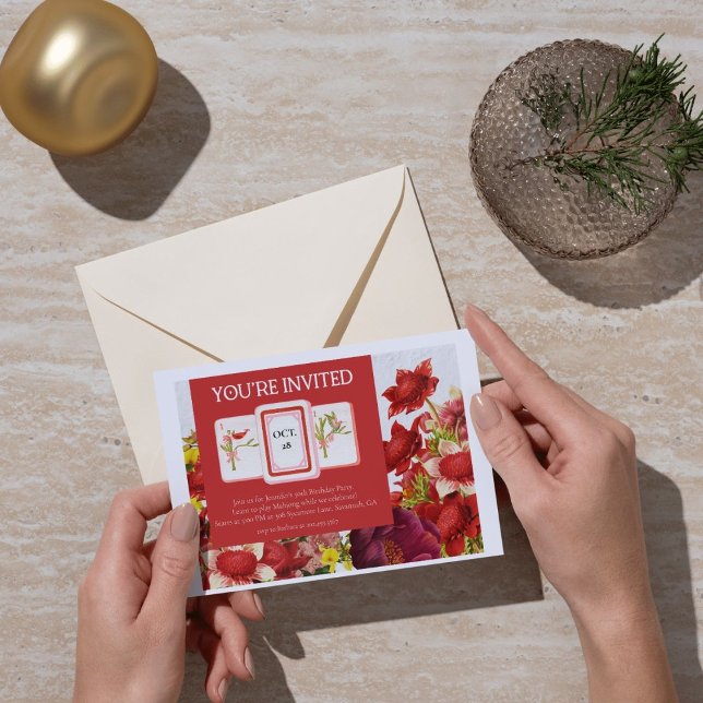 Mahjong Bold Rich Red Florals Invitation (Creator Uploaded)