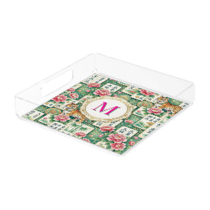Mahjong Chinoiserie Floral Monogram Personalized Acrylic Tray