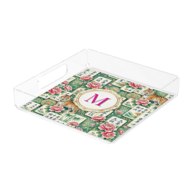 Mahjong Chinoiserie Floral Monogram Personalized Acrylic Tray (Angled)