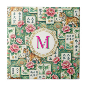 Mahjong Chinoiserie Floral Monogram Personalized Ceramic Tile