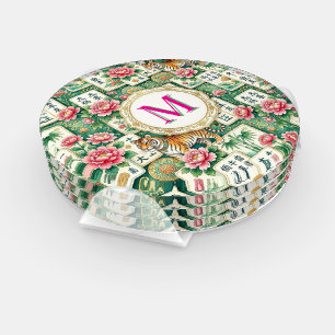 Mahjong Chinoiserie Floral Monogram Personalized  Coaster Set