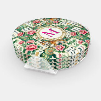 Mahjong Chinoiserie Floral Monogram Personalized Coaster Set
