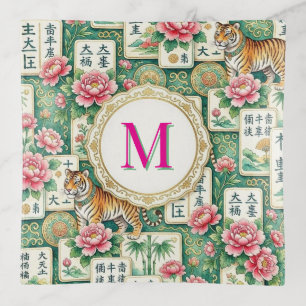 Mahjong Chinoiserie Floral Monogram Personalized Trinket Tray