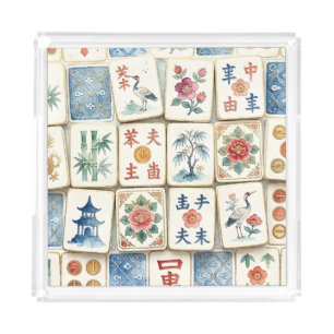 Mahjong Chinoiserie Tiles Watercolor Flowers Birds Acrylic Tray