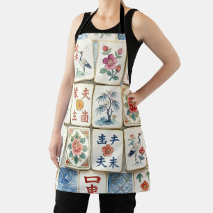 Mahjong Chinoiserie Tiles Watercolor Flowers Birds Apron