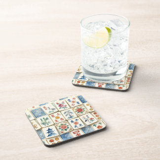 Mahjong Chinoiserie Tiles Watercolor Flowers Birds Beverage Coaster